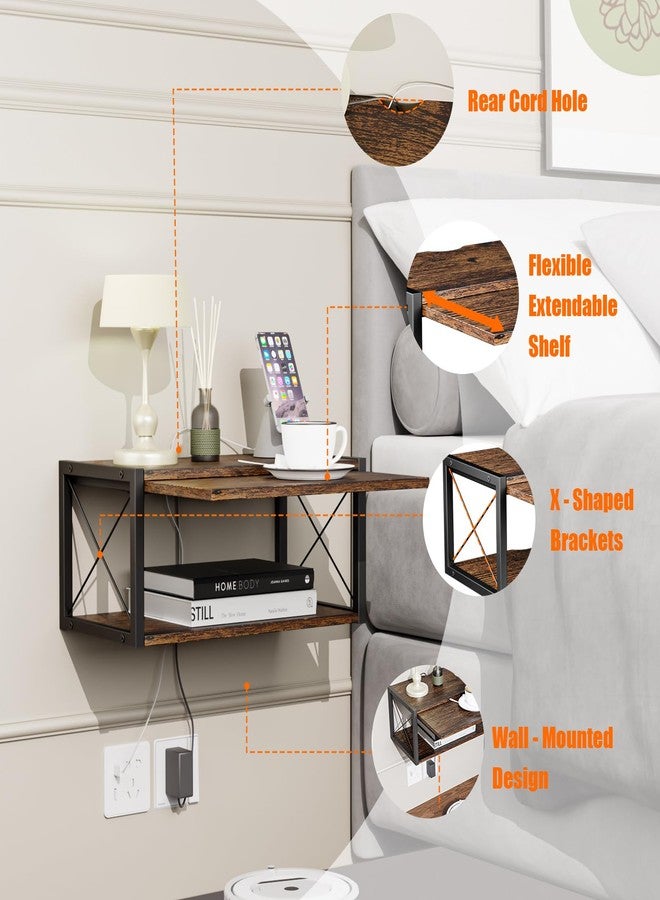 FNBAR 2-Tier Floating Nightstand, Wall Mounted Bedside Table, Wood Bedside Shelf Wall Mounted Nightstand, Floating Bedside Table Wall Shelf for Bedroom, Living Room, Kitchen, Office, Rustic Brown - Image 5